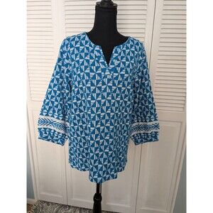 Soft Surroundings Narah Top Women's sz L Geometric Print 3/4 Sleeve Retro V-Neck
